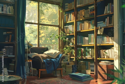 Comfortable reading nook with blankets  cozy vibe  Generative AI