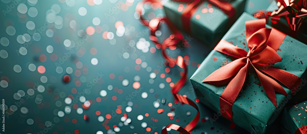 Close-up view of Christmas presents with red ribbons, confetti, on a green backdrop with copy space image. Close-up view of Christmas presents with red ribbons, confetti, on a green backdrop with copy space image.