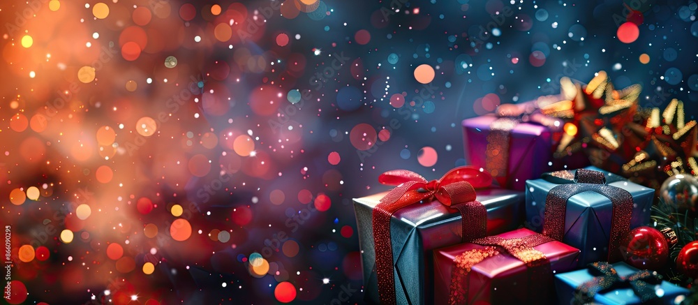 Gift boxes for the New Year displayed against an Abstract background with copy space image. Gift boxes for the New Year displayed against an Abstract background with copy space image.