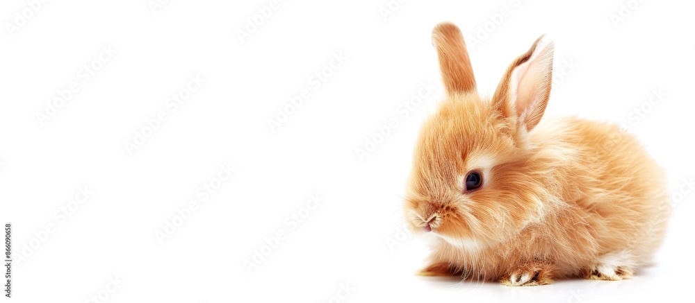 Fototapeta premium Adorable fluffy bunny isolated on white backdrop with available copy space image.