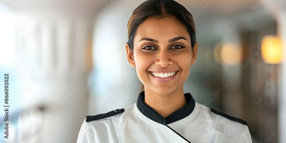 Indian Woman Working as Boat Service Crew on a Cruise Ship. Concept Women Empowerment, Maritime Industry, Career Diversity, Cultural Identity, Workforce Inclusion Indian Woman Working as Boat Service Crew on a Cruise Ship. Concept Women Empowerment, Maritime Industry, Career Diversity, Cultural Identity, Workforce Inclusion