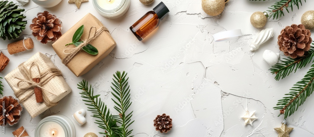 Christmas self-care package for an eco-friendly holiday theme, featuring plastic-free cosmetics in a gift box on a white background with copy space image. Christmas self-care package for an eco-friendly holiday theme, featuring plastic-free cosmetics in a gift box on a white background with copy space image.