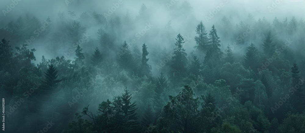 Dark fog blankets a natural forest park creating a mysterious backdrop with ample copy space image. Dark fog blankets a natural forest park creating a mysterious backdrop with ample copy space image.