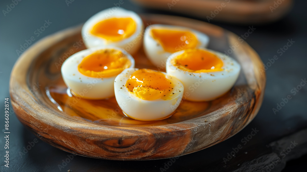 A plate of eggs with a yellow yolk and a sprinkle of pepper. The plate is wooden and the eggs are arranged in a diamond shape A plate of eggs with a yellow yolk and a sprinkle of pepper. The plate is wooden and the eggs are arranged in a diamond shape