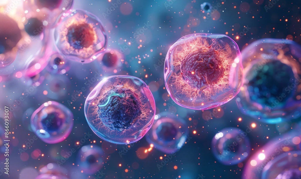 A cluster of colorful cells are floating in space A cluster of colorful cells are floating in space