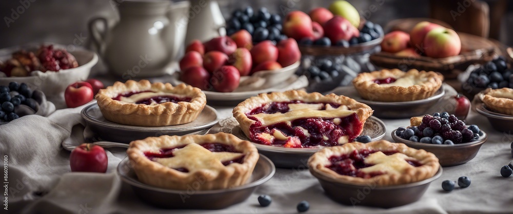 A delightful assortment of berry pies, apples and other tasty treats presented on a dining table in an enticing manner to satiate any sweet craving. A delightful assortment of berry pies, apples and other tasty treats presented on a dining table in an enticing manner to satiate any sweet craving.