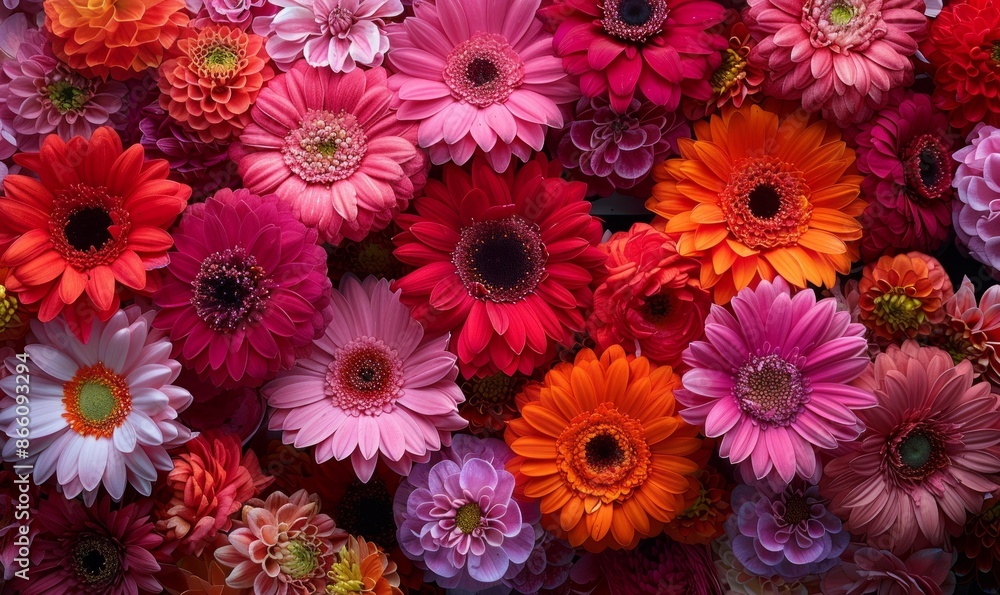 A bouquet of flowers with many different colors, including pink, orange A bouquet of flowers with many different colors, including pink, orange