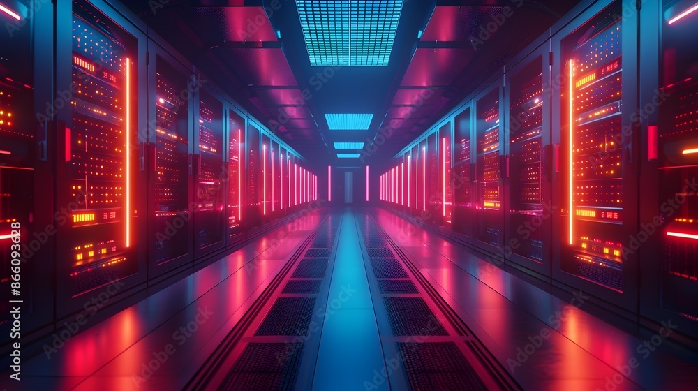 Futuristic Data Center with Rows of Glowing Servers and Advanced Cooling Systems in a Sleek Modern Design Futuristic Data Center with Rows of Glowing Servers and Advanced Cooling Systems in a Sleek Modern Design
