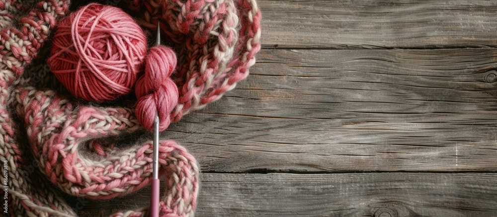 Horizontal image featuring a knitted item with needles and a pink yarn skein on a wooden backdrop, offering copy space. Horizontal image featuring a knitted item with needles and a pink yarn skein on a wooden backdrop, offering copy space.