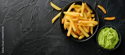 Top-down view of a plate with French fries and avocado dip on a black table with room for text in the image. Copy space image. Place for adding text and design