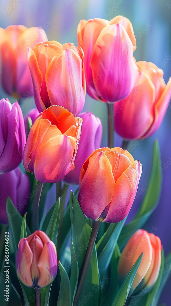 Fototapeta premium Vibrant tulips in shades of magenta and orange, with hints of green leaves, arranged against a subtle gradient of sky blue and lavender.