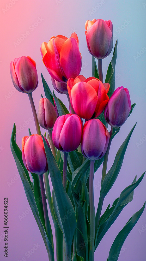 Vibrant tulips in shades of magenta and orange, with hints of green leaves, arranged against a subtle gradient of sky blue and lavender. Vibrant tulips in shades of magenta and orange, with hints of green leaves, arranged against a subtle gradient of sky blue and lavender.