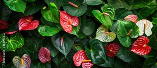 Wallpaper Mural Colorful anthuriums in red, pink, and white in a garden, set against lush green leaves, creating a picturesque scene with copy space image. Torontodigital.ca