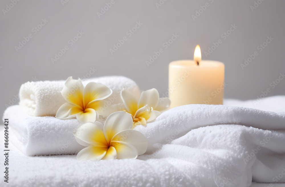 Fresh white towels with candles and frangipani on white background with free space for text Fresh white towels with candles and frangipani on white background with free space for text