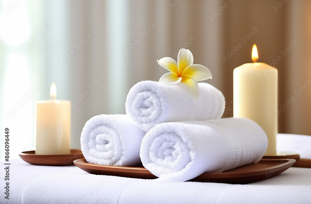 Fresh white towels with candles and frangipani on blurred background of spa room Fresh white towels with candles and frangipani on blurred background of spa room