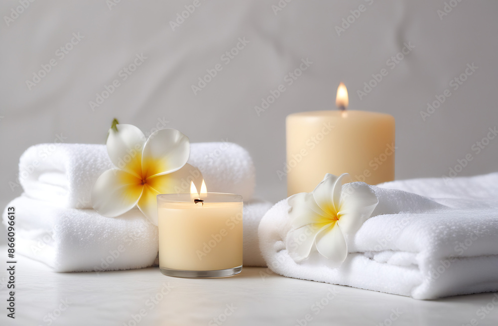 Fresh white towels with candles and frangipani on blurred background of spa room Fresh white towels with candles and frangipani on blurred background of spa room