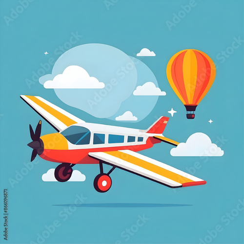 Soaring High: A vibrant airplane cruises through a sky dotted with fluffy clouds, accompanied by a hot air balloon, evoking a sense of adventure and freedom.  
