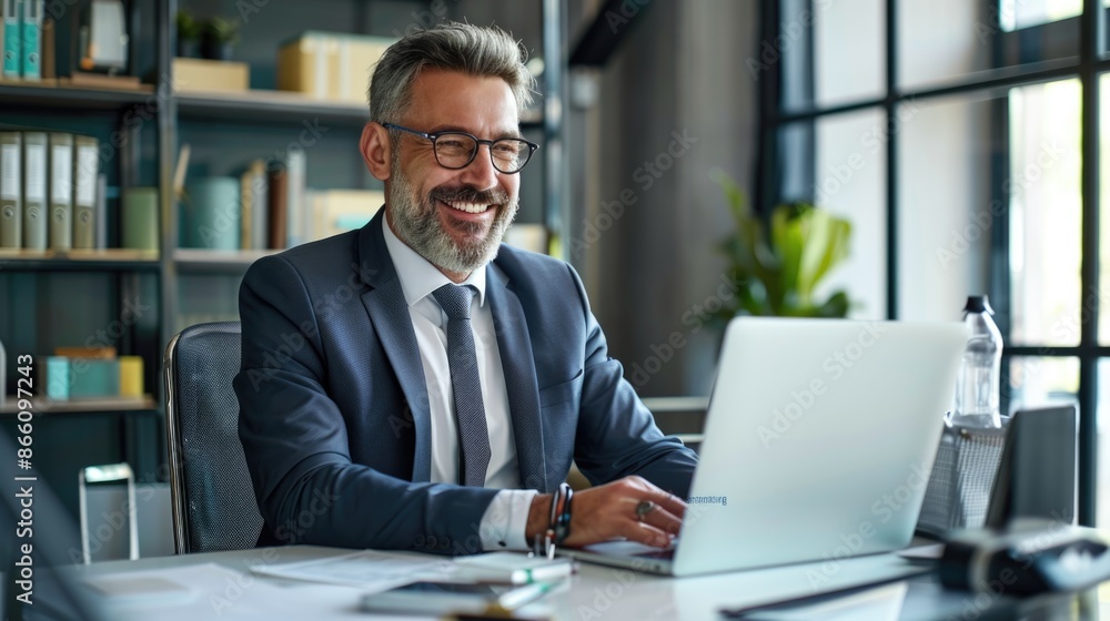 Smiling mature adult business man executive sitting at desk using laptop. Happy busy professional mid aged businessman ceo manager working on computer corporate technology in office Smiling mature adult business man executive sitting at desk using laptop. Happy busy professional mid aged businessman ceo manager working on computer corporate technology in office