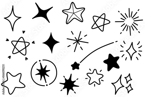 Vector set of shining stars, doodle, hand drawn