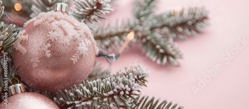 A festive winter ornament placed on a pastel pink background, signifying the holiday season. Perfect for Christmas or New Year celebrations, with copy space image. photo