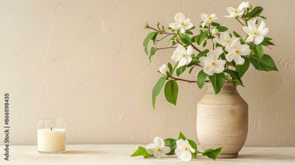 White Blossoms in a Rustic Vase Against a Neutral Background White Blossoms in a Rustic Vase Against a Neutral Background