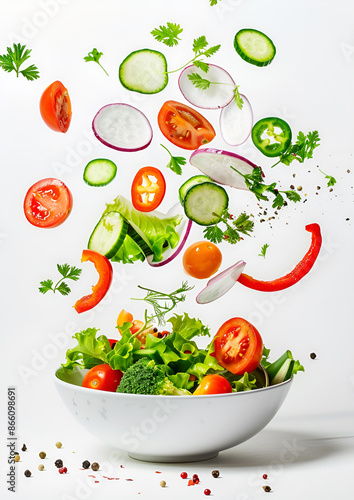 Sliced vegetables falling into bowl with salad on white background