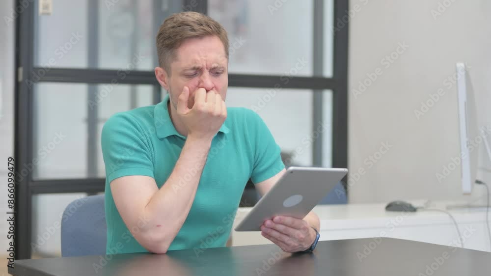 Casual Young Man with Loss on Tablet Casual Young Man with Loss on Tablet
