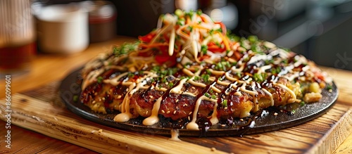 Delicious Hiroshima-style okonomiyaki, a Japanese soul food that serves as a savory delight with a variety of toppings, displayed in a vivid copy space image.