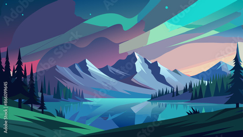 Scenic landscape of mountains and a lake under a colorful aurora in the night sky, featuring pine trees and a serene atmosphere, creating a peaceful and majestic nature scene