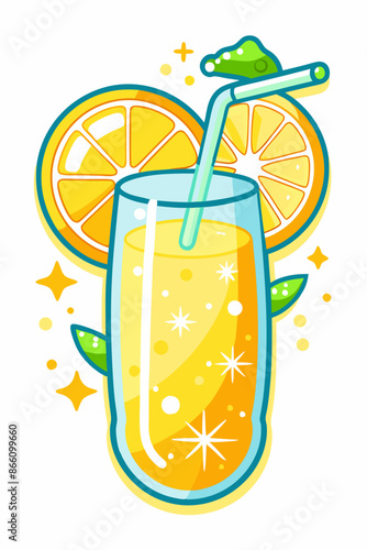
Cheerful illustration of a refreshing orange juice with slices and a straw, featuring bright colors and sparkling details, evoking a fun and summery vibe