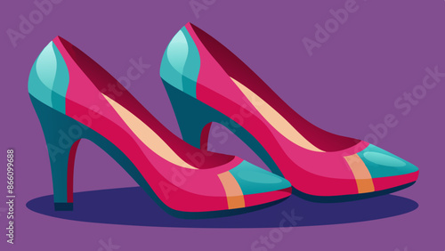 Stylish multicolored high heels shoes on a purple background, showcasing a modern fashion accessory