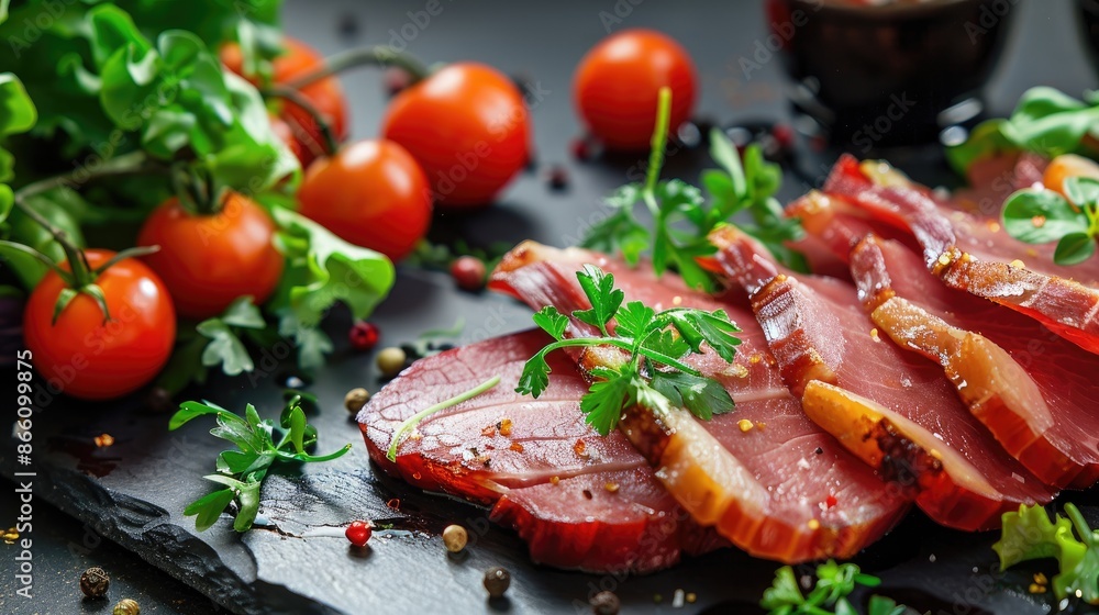 Smoked meat slices served with vegetables and greens Smoked meat slices served with vegetables and greens
