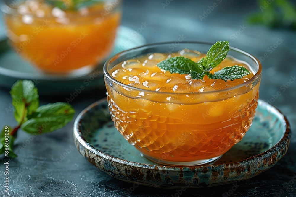A bowl of kvass, a traditional Russian fermented beverage, served in a glass with a sprig of mint. A bowl of kvass, a traditional Russian fermented beverage, served in a glass with a sprig of mint.