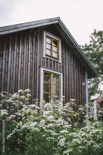 A summer cottage - mökki - in Finland surrounded by a forest area and white flowers., house, home, architecture, wood, cottage (mökki), construction, country, grass, farm, cabin, sky, cottage, rural,