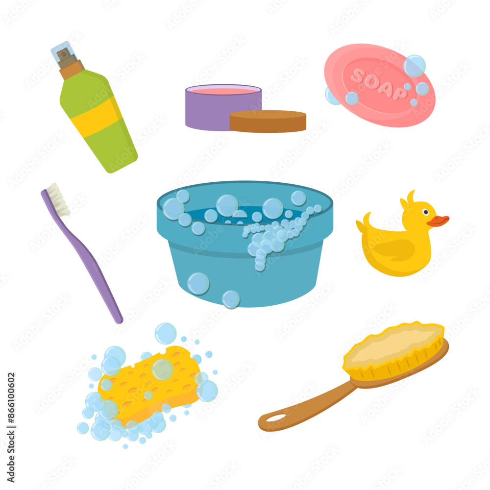 Bathroom accessories cartoon. Bath accessory soap towel comb brush hair sponge shampoo