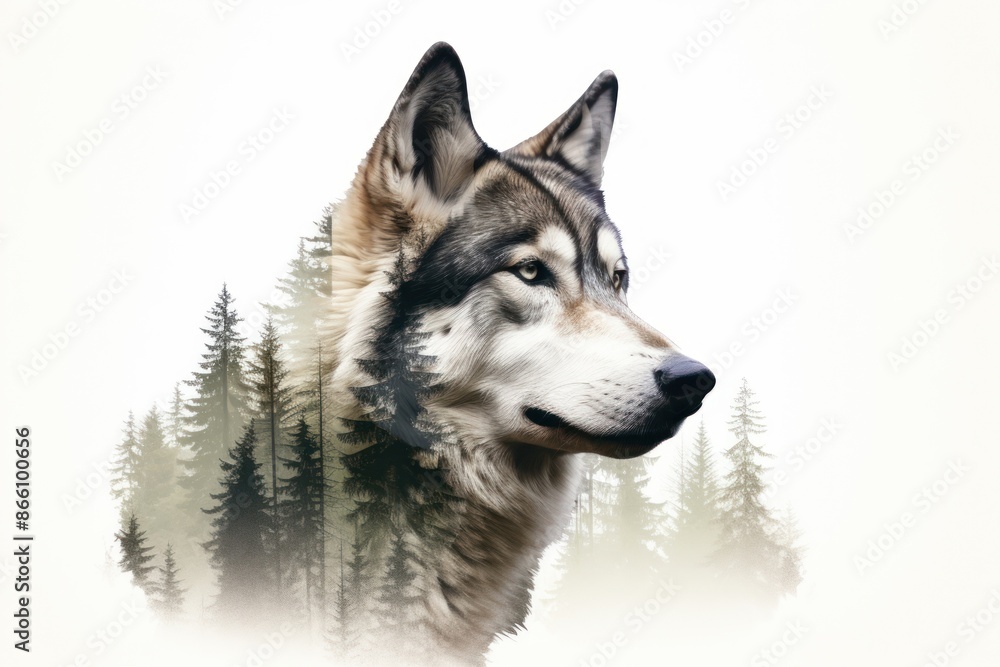 Double exposure photography husky and forest mammal animal wolf. Double exposure photography husky and forest mammal animal wolf.