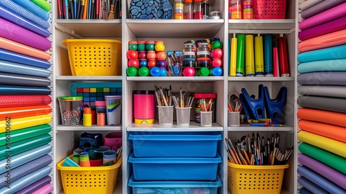 Clean and organized back to school art supply closet with neatly stacked materials, children selecting tools, creative atmosphere
