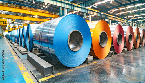 In a factory, a series of metal rolls are arranged consecutively for production photo