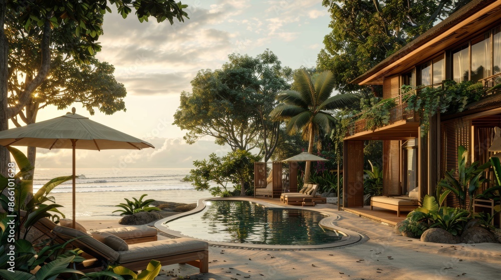 Fototapeta premium Tranquil beach resort nestled in a picturesque landscape, offering a serene summer escape.