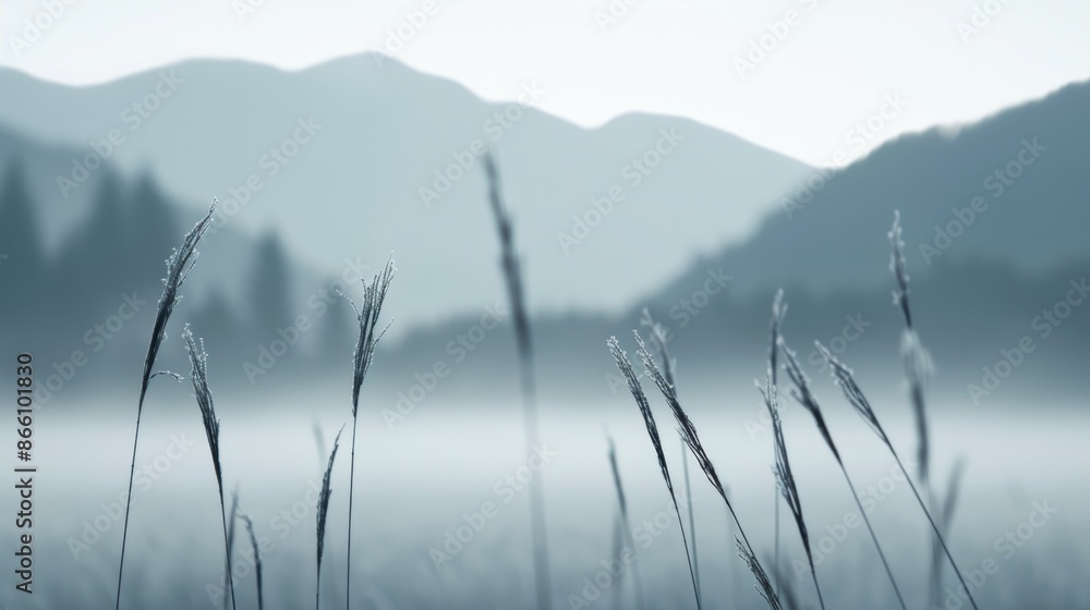 Silhouette of a meadow shrouded in mist, swaying grass, foggy forest and mountains, peaceful and magical, evoking abundance and longevity Silhouette of a meadow shrouded in mist, swaying grass, foggy forest and mountains, peaceful and magical, evoking abundance and longevity