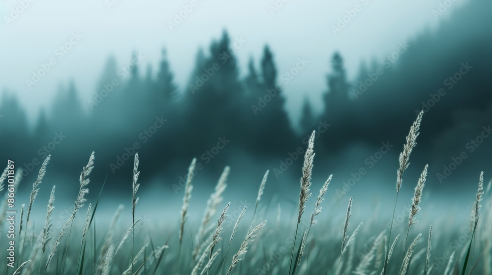 Silhouette of a meadow shrouded in mist, swaying grass, foggy forest and mountains, peaceful and magical, evoking abundance and longevity Silhouette of a meadow shrouded in mist, swaying grass, foggy forest and mountains, peaceful and magical, evoking abundance and longevity