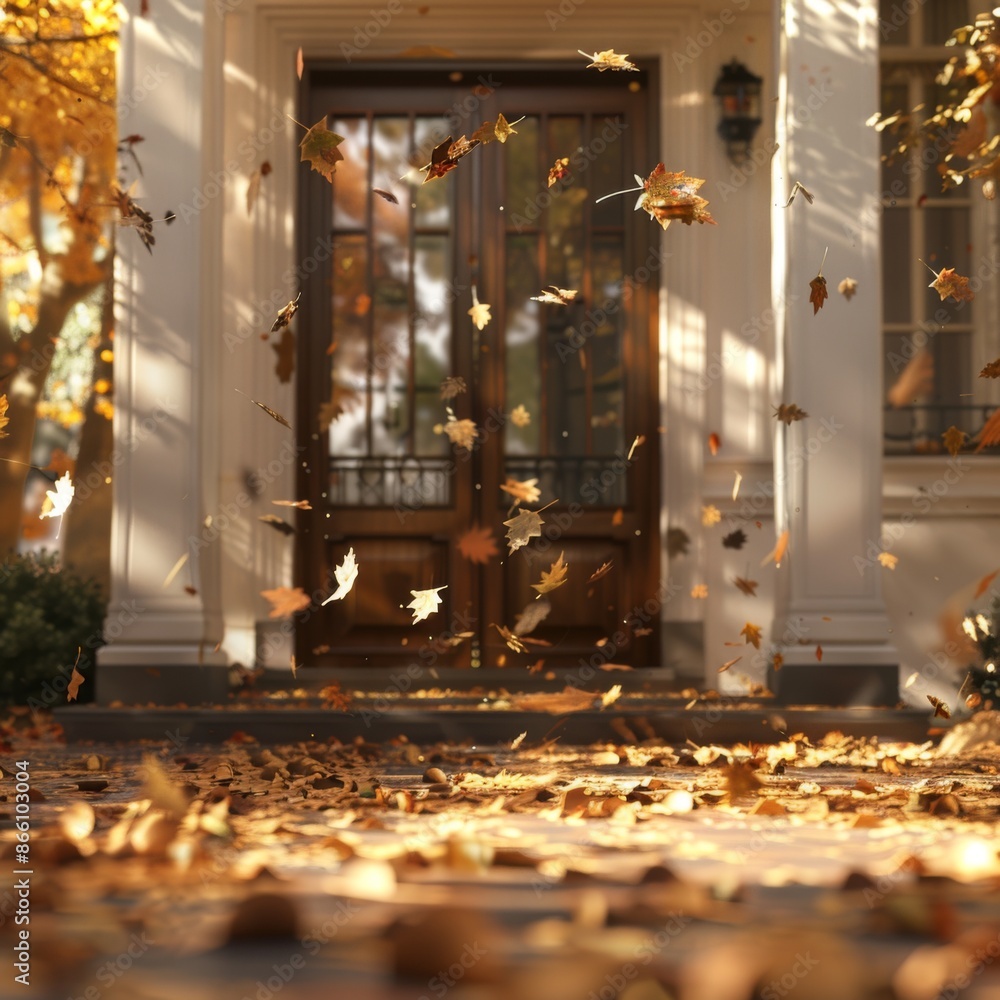 Autumn Leaves Falling in front of a house entrance, creating a cozy fall atmosphere. Concepts. autumn, fall, season, nature, home Autumn Leaves Falling in front of a house entrance, creating a cozy fall atmosphere. Concepts. autumn, fall, season, nature, home