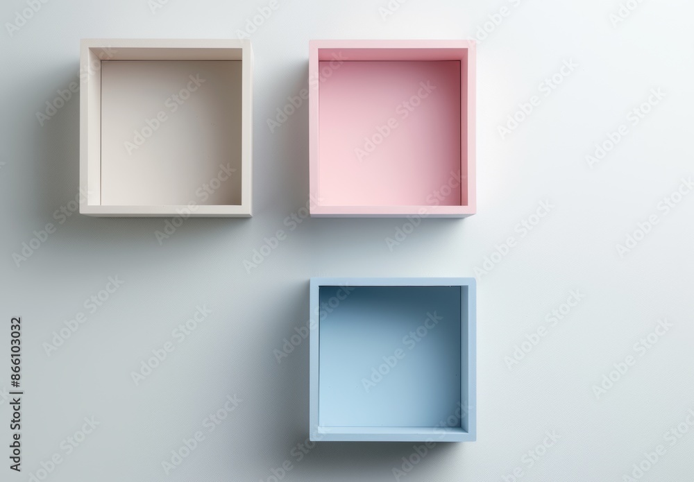 Minimalist plain white background with three empty square shelves Minimalist plain white background with three empty square shelves