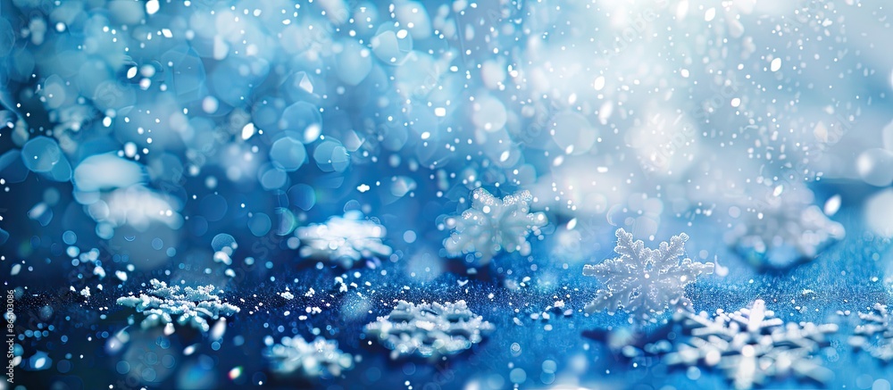 A close-up copy space image of snowflakes falling on a blue background. A close-up copy space image of snowflakes falling on a blue background.