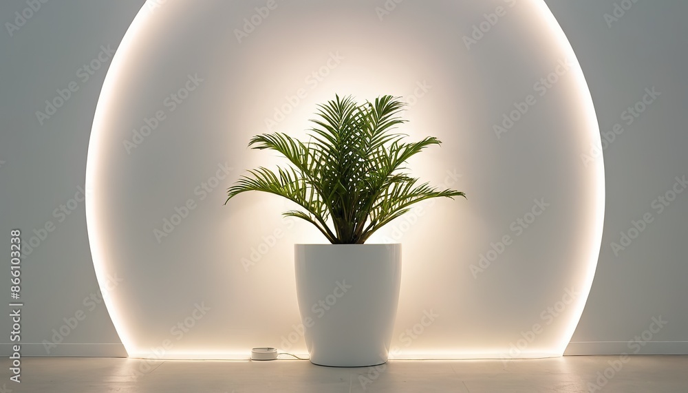 A plant in a pot with a white light behind it A plant in a pot with a white light behind it