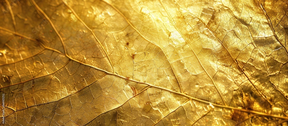 Obraz premium Background with a texture resembling shiny gold foil on a yellow leaf with 'copy space image'.