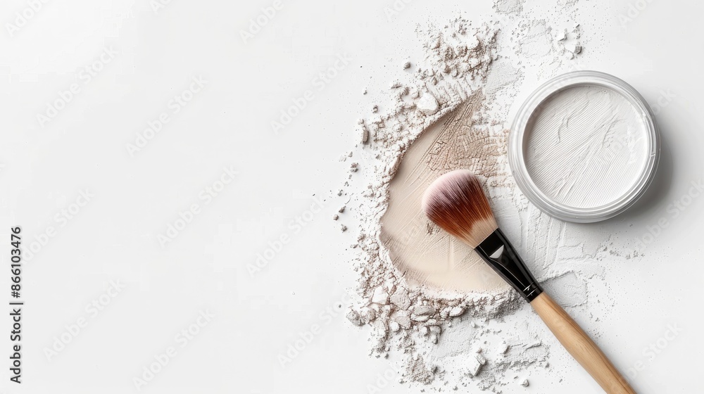 Isolated white background with face powder and brush top view with space for text Isolated white background with face powder and brush top view with space for text