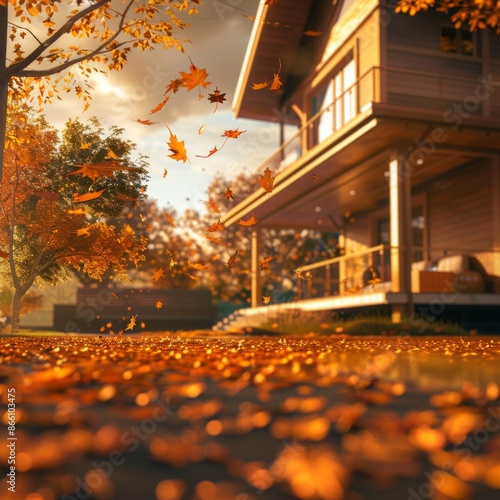 Charming Wooden House Adorned in Autumn Colors. Fallen Leaves and Warm Sunset Glow