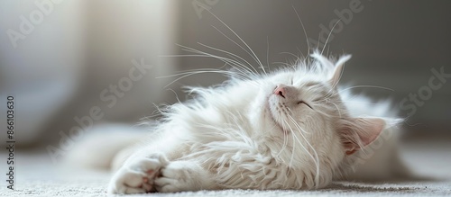 A white cat grooming itself with a copy space image. photo