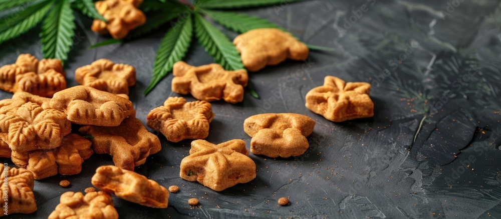 Fototapeta premium Close-up image of CBD-infused pet treats and cannabis leaves, showcasing the concept of medical marijuana for pets, a food delicacy for dogs and cats, with a designated copy space.
